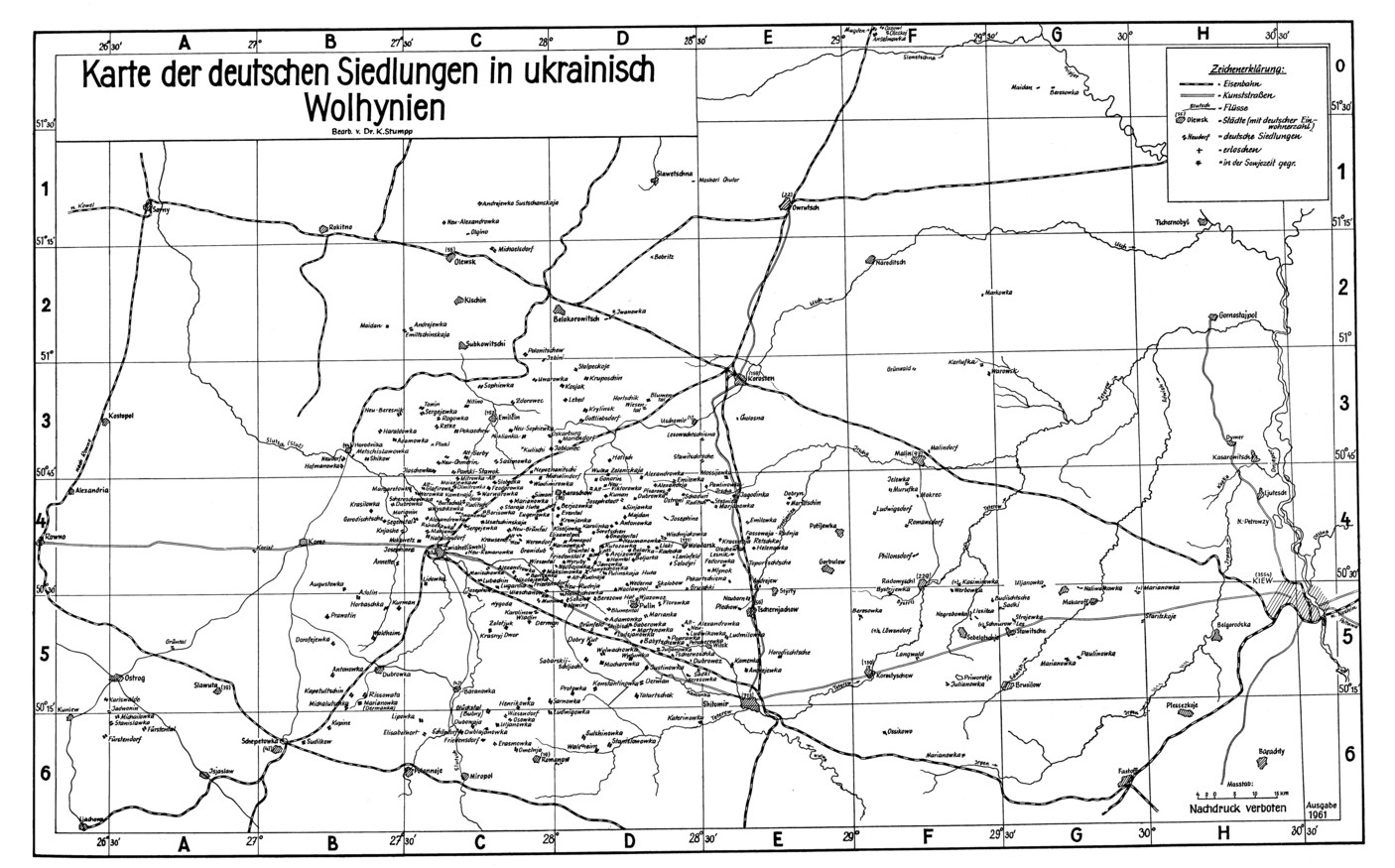 Karte der deutschen Siedlungen in ukrainisch Wolhynien